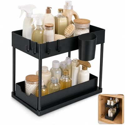 Caryota Keukenkast Organizer - Uitschuifbare Lade voor Gootsteenkast of Badkamer - Dubbellaags - Uitrekbaar - 39,7 x 22 x 35 cm - Kunststof - Zwart