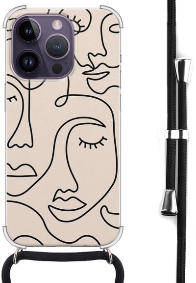 Hoesje met koord - Geschikt voor iPhone 14 Pro Max - Abstract faces - Verstelbaar zwart koord - Transparant, Beige - Print / Illustratie - Leuke Telefoonhoesjes