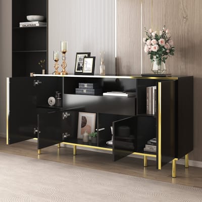 Dressoir - 150x40x80 cm - Hoogglans Dressoir Met 4 Deuren En 1 Lade - LED Verlichting - MDF Spaanplaat - Zwart