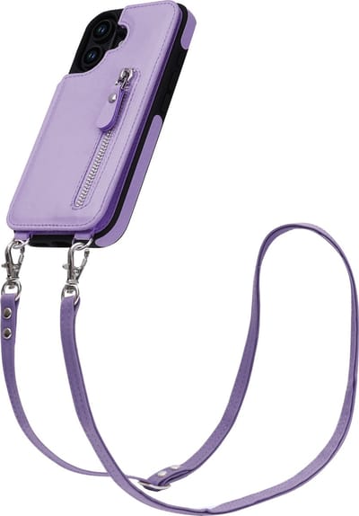 Casemania Hoesje Geschikt voor Apple iPhone 16 - Paars - Luxe Back Cover met Koord / Rits - Wallet Case met Pasjeshouder - Lanyard Telefoonhoes - Cord Case