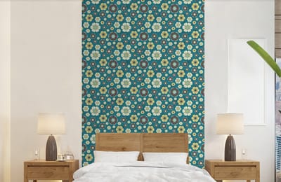 Behang - Fotobehang Retro - Bloemen - Patronen - Blauw - Breedte 150 cm x hoogte 240 cm