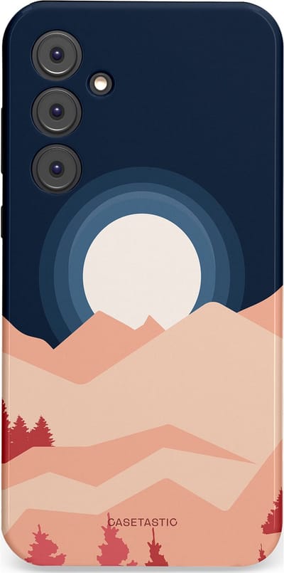 Casetastic hoesje geschikt voor Samsung Galaxy A35 - Dubbellaagse bescherming - Bergen bij maanlicht - Fashion Case - Zwart Perzik Zand Koraal