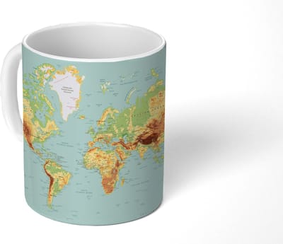 Mok - Koffiemok - Wereldkaart - Realistisch - Blauw - Mokken - 350 ML - Beker - Koffiemokken - Theemok