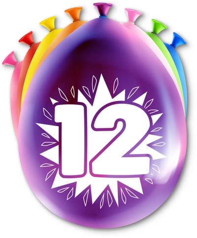 LUQ – Latex Ballonnen Happy Party 12 Jaar – 8 Stuks – Veelkleurig – Verjaardag Decor – Feest Versiering – Helium Ready