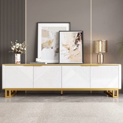 PHOEBE CAT TV-kast - 4 deuren - Geometrische textuur - Metalen frame - 160 x 37.5 x 48 cm - Wit