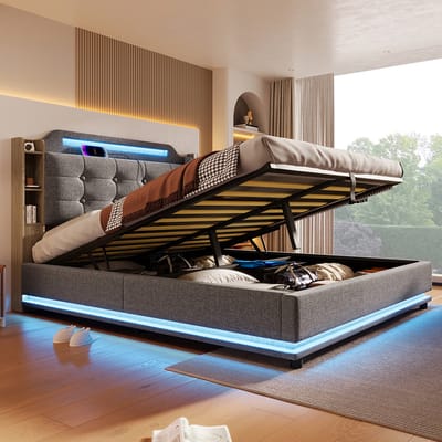 Komhtom Gestoffeerd bed, 140*200 cm, met ledstrip, hydraulische opbergruimte, meerdere opbergvakken, zonder matras, USB + TYPE-C, lakens, grijs