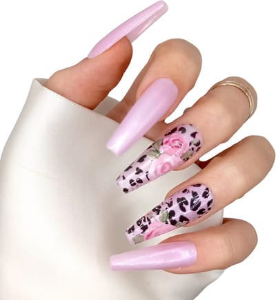 SD Press on Nails - B-196 - Plaknagels met nagellijm - XL Coffin - Roze Aurora Print - Set 20 Nagels - Cosplay - Nepnagels - Valse Nagels - Extreem lange nageltips - Nail Art - Handgemaakt
