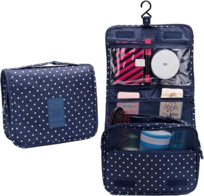 Fako Fashion - Reis Toilettas Met Ophang Haak - Make-up Travel Bag - Organizer Voor Toiletartikelen - Reisartikelen - Travel Bag - Ophangbare Toilettas - Stippen Donkerblauw