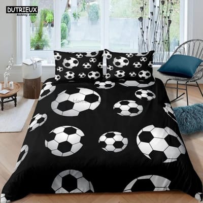 Wit Zwart Voetbal Beddengoed Set Balsporten Bedlinnen Dubbel Queen King Twin Volledige Maat Jongens Tieners Voetbal Dekbedovertrek Set Cadeaus AU Single(140x210cm)