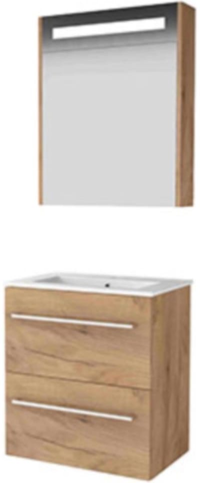 Basic-Line Premium 39 Badkamermeubelset - Ondiep - 60 x 39 cm - Met Grepen - 2 Lades - Keramische Wastafel - 1 Kraangat - Spiegelkast met LED Verlichting - Whisky Oak