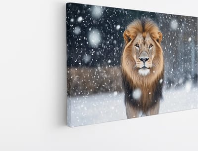 Saammp Canvas Schilderij - Leeuw met sneeuw - Winter - Dieren - Natuur - 45x30 - Foto op canvas - Wanddecoratie - Muurdecoratie Woonkamer - Slaapkamer decoratie - Canvas Print