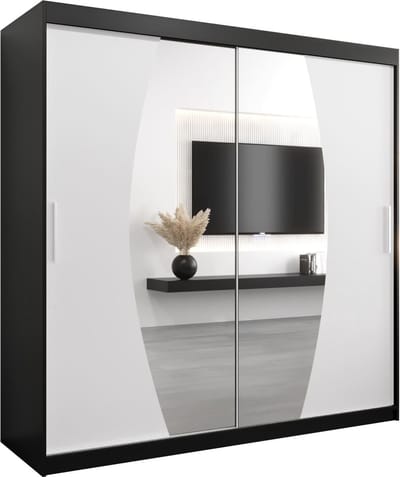 InspireMe - Kledingkast met 2 schuifdeuren, Modern-stijl, Een kledingkast met planken en een spiegel (BxHxD): 200x200x62 - GLOBE 200 Zwart Mat + Wit Mat