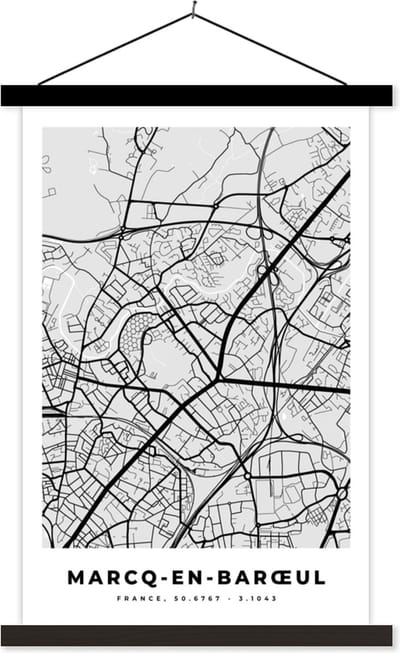 Posterhanger incl. Poster 40x60 cm - Schoolplaat - Plattegrond – Marcq-en-Barœul – Stadskaart – Kaart – Frankrijk - Textielposter - Zwarte latten - Stadskaart