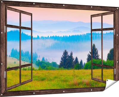 Gards Tuinposter Doorkijk Mistige Heuvel Landschap met Bossen - 180x120 cm - Tuindoek - Tuindecoratie - Wanddecoratie buiten - Tuinschilderij