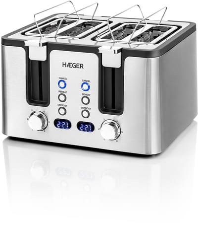 Haeger Optimus Broodrooster - Uitschuifbare Kruimellade & Ontdooifunctie - PFAS En BPA-Vrij - 1700W - 4 Extra Brede Sleuven - 6 Bruiningsniveaus - Toaster Voor 4 Sneden - Snoeropbergruimte - Zilver