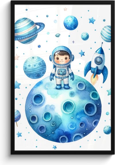Poster in lijst - Fotolijst 60x90 cm - Posters - Ruimte - Blauw - Astronaut - Sterren - Planeten - Posterlijst zwart - Kamer decoratie - Wanddecoratie kinderkamer - Muurdecoratie babykamer