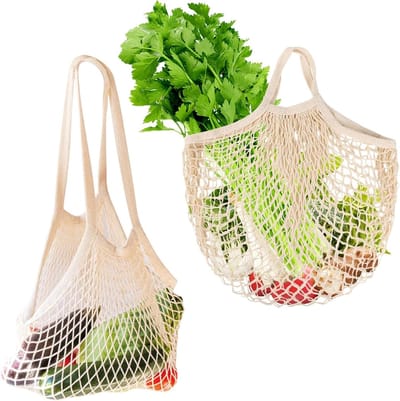 Allecto Plus - Herbruikbare boodschappentas voor strand en zandspeelgoed - Groente en fruit - Beige