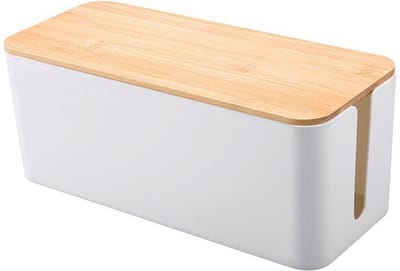 QUVIO Kabelorganizer - Kabeldoos - Kabelopberger - Kabel opbergdoos - Kabelhouder - Kabelbox - Oplaadstation - Kunststof - Hout - Wit - Lichtbruin - 13,5 x 32 x 13 cm
