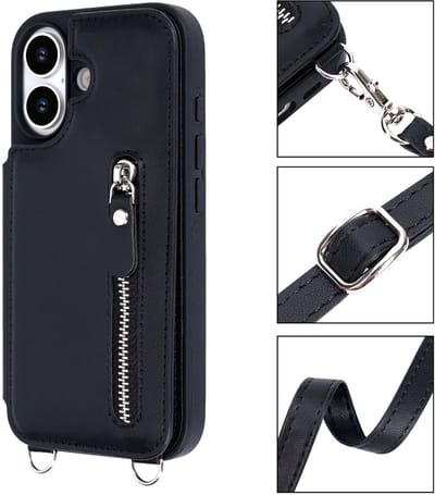 Casemania Hoesje Geschikt voor Apple iPhone 17 - Zwart - Luxe Back Cover met Koord en Rits - Wallet Case met Pasjeshouder - Lanyard Telefoonhoes - Cord Case