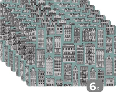 Placemat - Placemats kunststof - Patronen - Huizen - Scandinavisch - 45x30 cm - 6 stuks - Hittebestendig - Anti-Slip - Onderlegger - Afneembaar