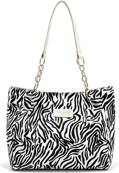 Modieuze dames tote bag van canvas met zebraprint, stijlvolle boodschappentas met ritssluiting en metalen ketting, perfect voor dagelijks gebruik, school en winkelen