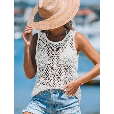 Dames Lichtgewicht Gehaakt Tanktop Mouwloos Ronde Hals Uitgesneden Strand Cover-up M wit