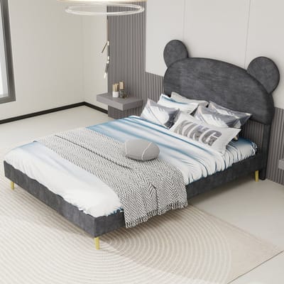Tweepersoonsbedden - 140x200CM - Modern Minimalistisch Zacht Bed Cartoon Hoofdbord Lage Box (Geen Gaslift) - Grijs (Geen Matras)