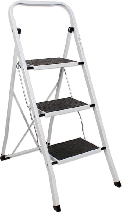 NaevaMi Huishoudtrap - Keukentrap - Huishoudtrap 3 Treden - Metalen Huishoudladder Inklapbaar - Trapladder Opvouwbaar - Wanneer Gevouwen Slechts 4,5 cm Smal - Anti-Slip 20cm Brede Treden - Vloerbescherming - Max. 150kg - Wit of Grijs