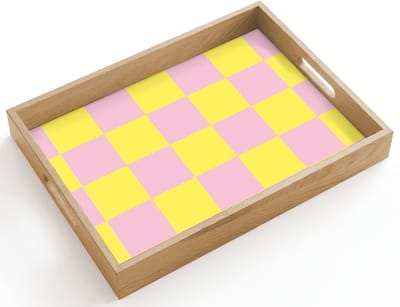 Dienblad hout 40x30 cm - Schootdienblad - Schaakbord patroon - Geel - Roze - Blokjes - Borrelplank rechthoek - Plateau dienbladen