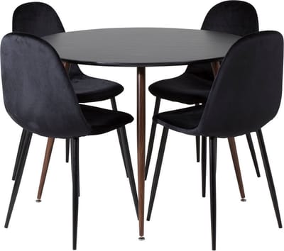 PlazaBLWA100 eethoek eetkamertafel zwart en 4 Polar eetkamerstal velours zwart.