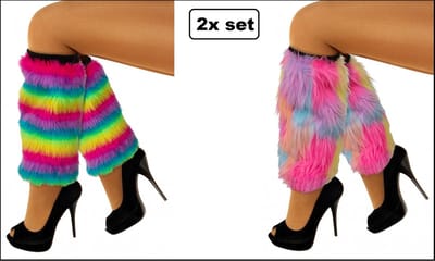 2x Set Paar beenwarmers pluche Regenboog en Pastel - Optocht Carnaval thema feest festival evenement beenwarmer