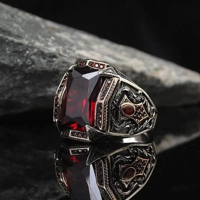 Retro Turkse Handgemaakte Mannen Ringen Vintage Gesneden Patroon Rood/Blauw/Regenboog Zirconia Ringen Rock Punk Islamitische Moslim Bruiloft Sieraden 10 gray