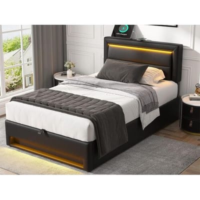 ModernLuxe 90x200 cm kunstleer opbergbed met LED - met oplaadpoorten (bedraad en draadloos) - Zwart