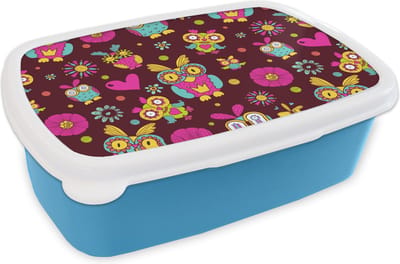 Broodtrommel Blauw - Lunchbox - Brooddoos - Meisjes - Uil - Chocolade - Patronen - Girl - Kind - Kinderen - 18x12x6 cm - Kinderen - Jongen