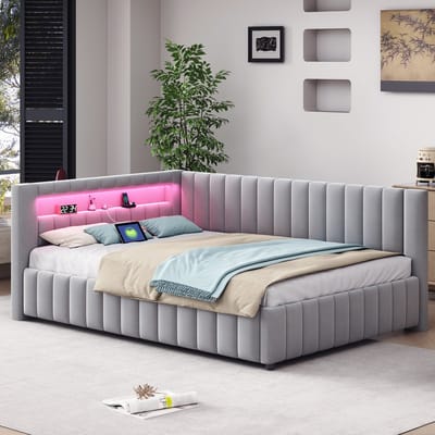 Gestoffeerd slaapsofa - 2-in-1 bank en tweepersoonsbed 140x200 cm - Grijs fluweel - LED-verlichting met afstandsbediening - USB-laadpoort - L-vormig met rugleuning en lattenbodem