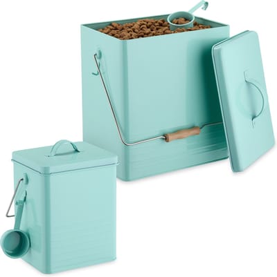 Hondenvoercontainer Set van 2 - Twee Groottes Met Deksel en Lepel - Turquoise
