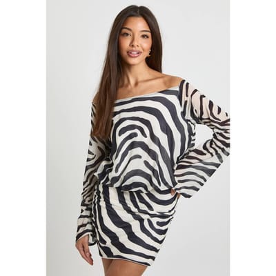 boohoo Dames Zebra-geprinte mini-jurk met lange mouwen en draperende rug | Black | Maat: 8