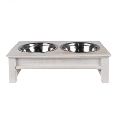 Clayre & Eef Voerbak hond 2x500 ml Wit Hout