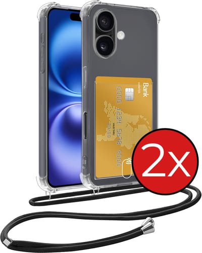Hoesje Geschikt voor iPhone 16 Hoesje Met Telefoonkoord en Pasjeshouder Siliconen - Hoes Geschikt voor iPhone 16 Hoesje Met Kaarthouder Shock Proof Case - Transparant - 2 PACK