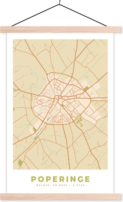Posterhanger incl. Poster 40x60 cm - Schoolplaat - Vintage - Kaart - Plattegrond - Poperinge - Stadskaart - Textielposter - Blanke latten - Stadskaart