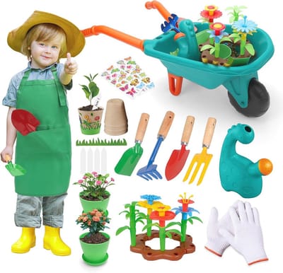 Thijox - Tuingereedschap voor Kinderen met Kruiwagen, Schep, Hark, Bloempotten, Handschoenen, Schort en Zandspeelgoed - Compleet Tuinspeelgoedset voor