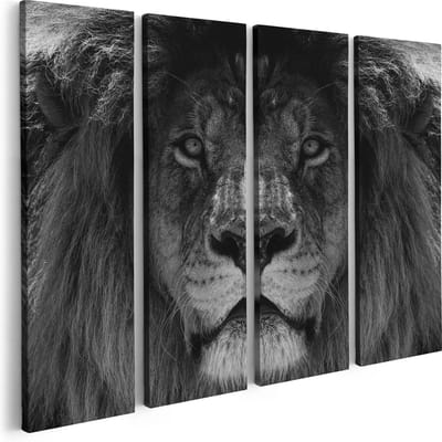 Artaza Canvas Schilderij Vierluik Leeuw - Leeuwenkop - Zwart Wit - 80x60 - Foto Op Canvas - Canvas Print