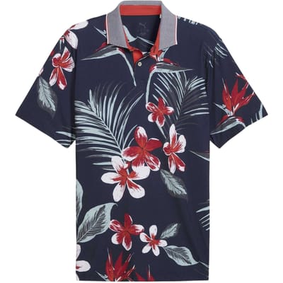 Puma Mattr Luau Performance-poloshirt met bloemenprint voor heren (Donkere marine / rood)