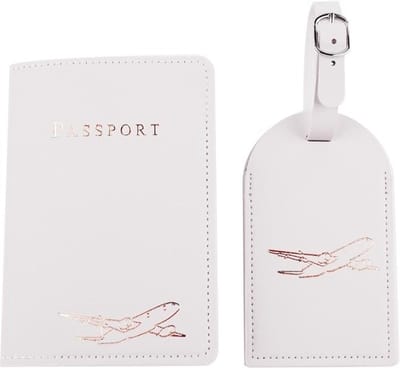 Premium Lederen Paspoorthoes met Bagagelabel - Paspoorthouder - Paspoort Protector with Luggage Tag - Wit