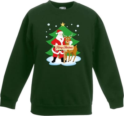 Groene kersttrui kerstman en rendier Rudolf voor kerstboom voor jongens en meisjes - Kerstruien kind 98/104