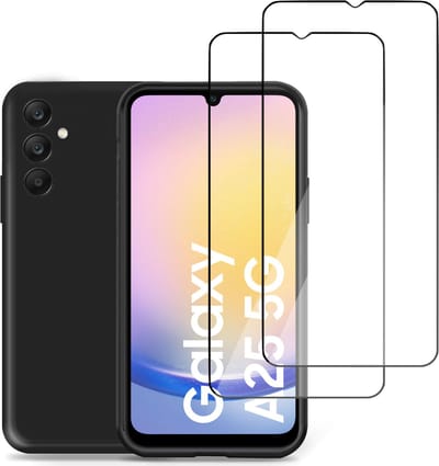Hoesje + 2x Screenprotector geschikt voor Samsung Galaxy A25 – Full Screen Tempered Glass - Liquid Back Case Cover Zwart
