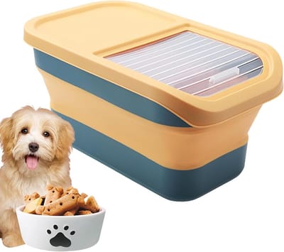 Voerbak met Deksel - Hondenvoer Container - Dierenvoer Opslag - Stille Wielen - 12-15 kg - Geel