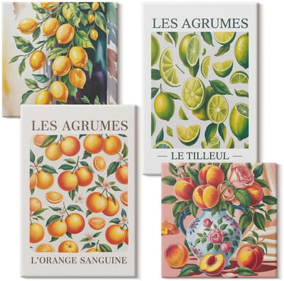 Wallfluent Set van canvas schilderijen - Citrusvruchten in verschillende kleurrijke en frisse varianten Canvas Schilderijen Set - Set van 4 Canvas Schilderijen - Oranje Set van Canvas Prints - Natuur Canvas Kunst Set - Boheemse Canvas Kunst Set