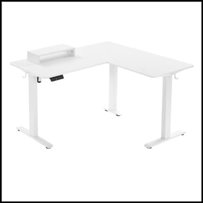 Hoekbureau elektrisch zit-sta L-vormig – 140x120cm – Hoogte verstelbaar 72-120cm – 4 geheugenstanden – Monitorstandaard – 80kg draagkracht – Stil mechanisme – Wit – Ruimtebesparend – Ergonomisch – Inclusief haken – E1 hout – Metaal frame
