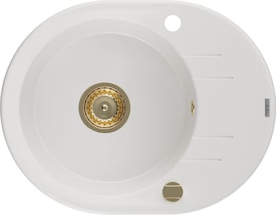 Mexen Kevin granieten spoelbak 1-komors met afdruiprek 586 x 458 , wit, gouden sifon - 6517581005-20-G